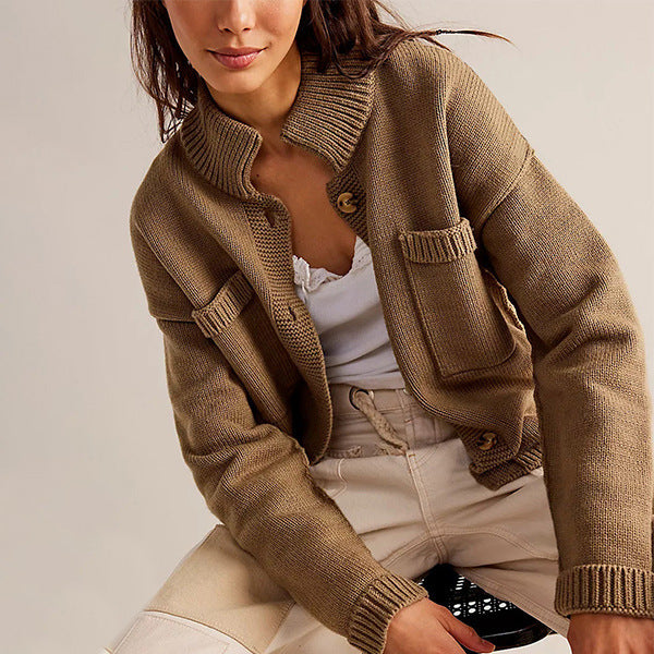 Women's Knitted Coat with Stand Collar – Solid Color Cardigan Sweater