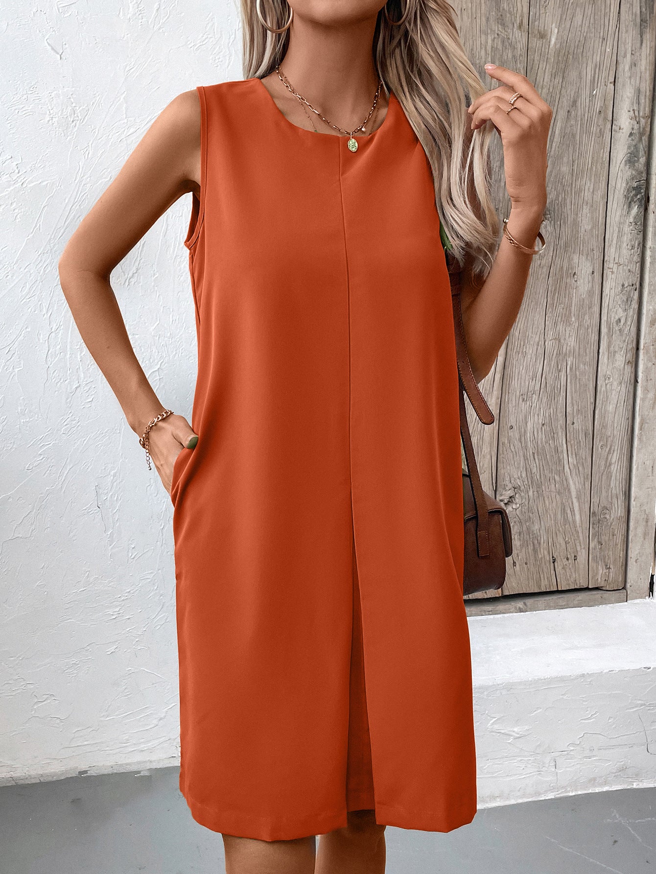 Women Clothing Office Dress Loose Sleeveless Round Neck Dress Women