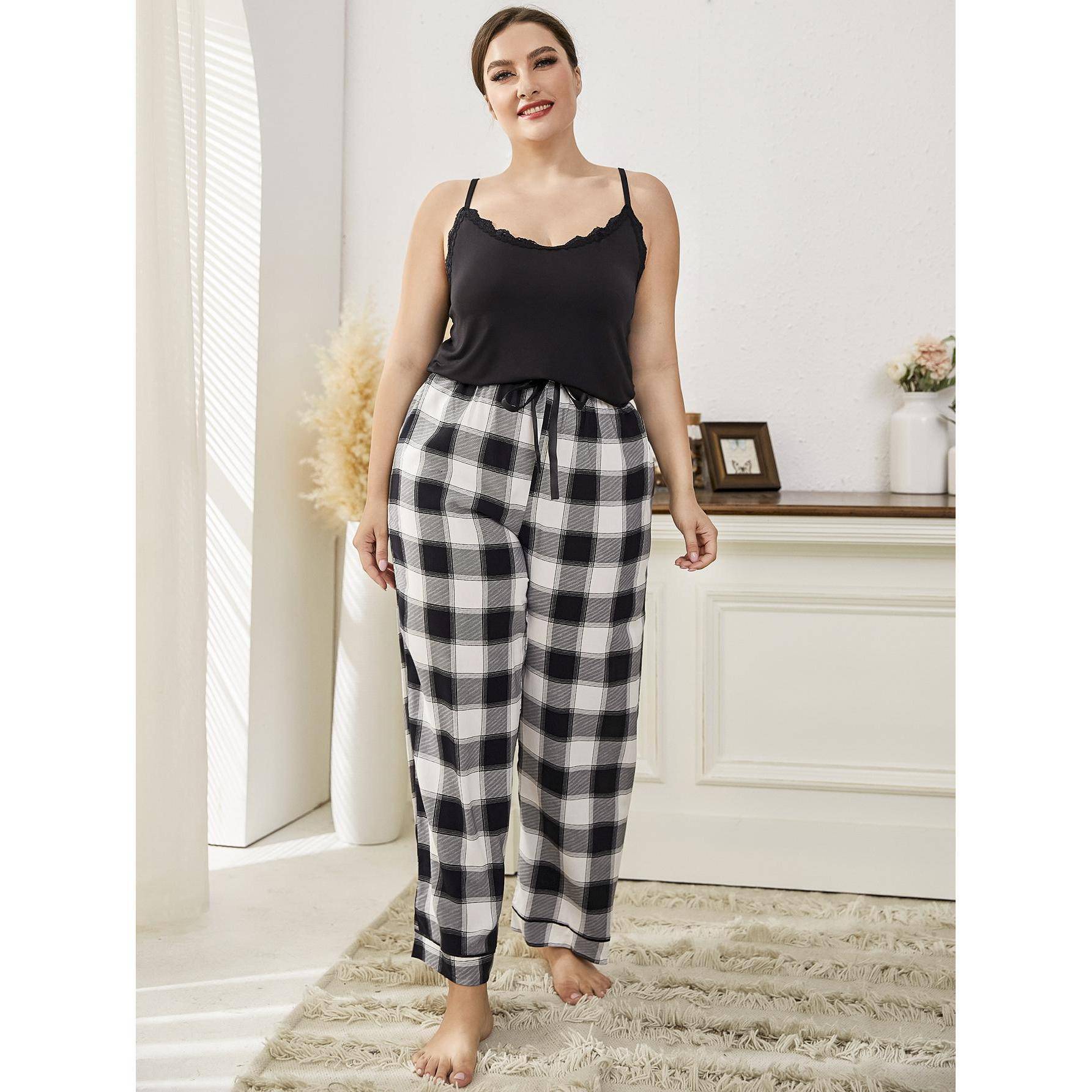 Plus Size Pajamas Plaid Lace Strap Ladies Home Casual Set
