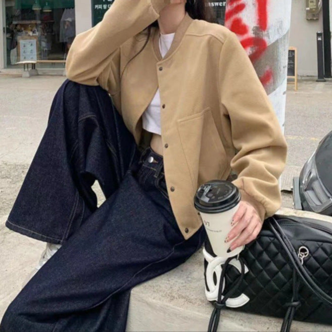 Korean-Style Retro Solid Color Baseball Jacket, Autumn Casual and Relaxed Fit