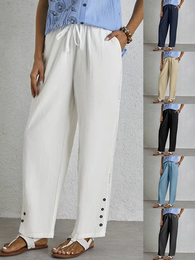Casual Elegant Lace-Up With Pockets Buttons Lace Side Cotton Linen Trousers