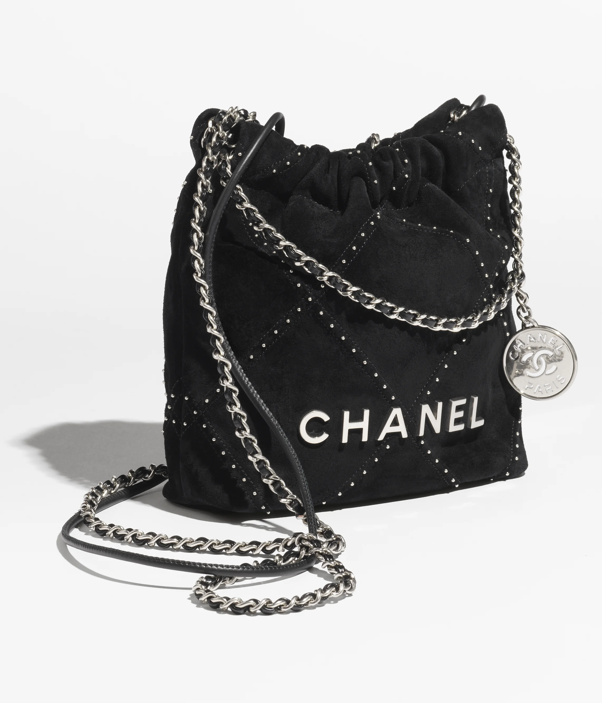 CHANEL 22 Mini Handbag Suede Calfskin, Studs & Silver-Tone Metal Black AS3980-B20303-94305