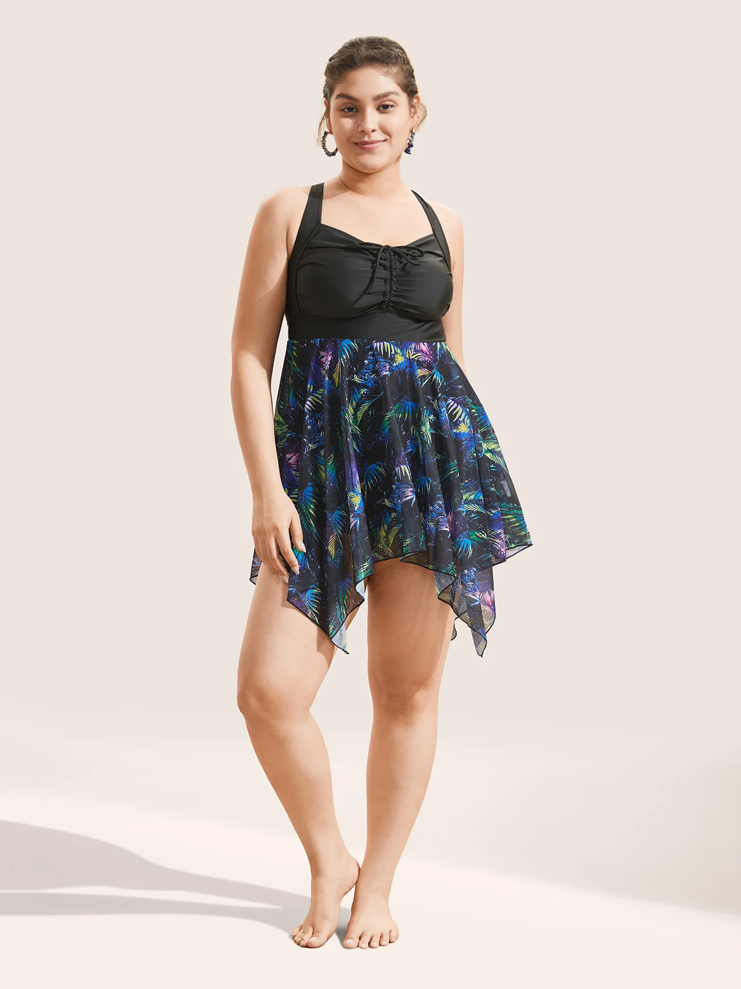 Tropical Ruched Ties Hanky Hem Crisscross Swim Dress