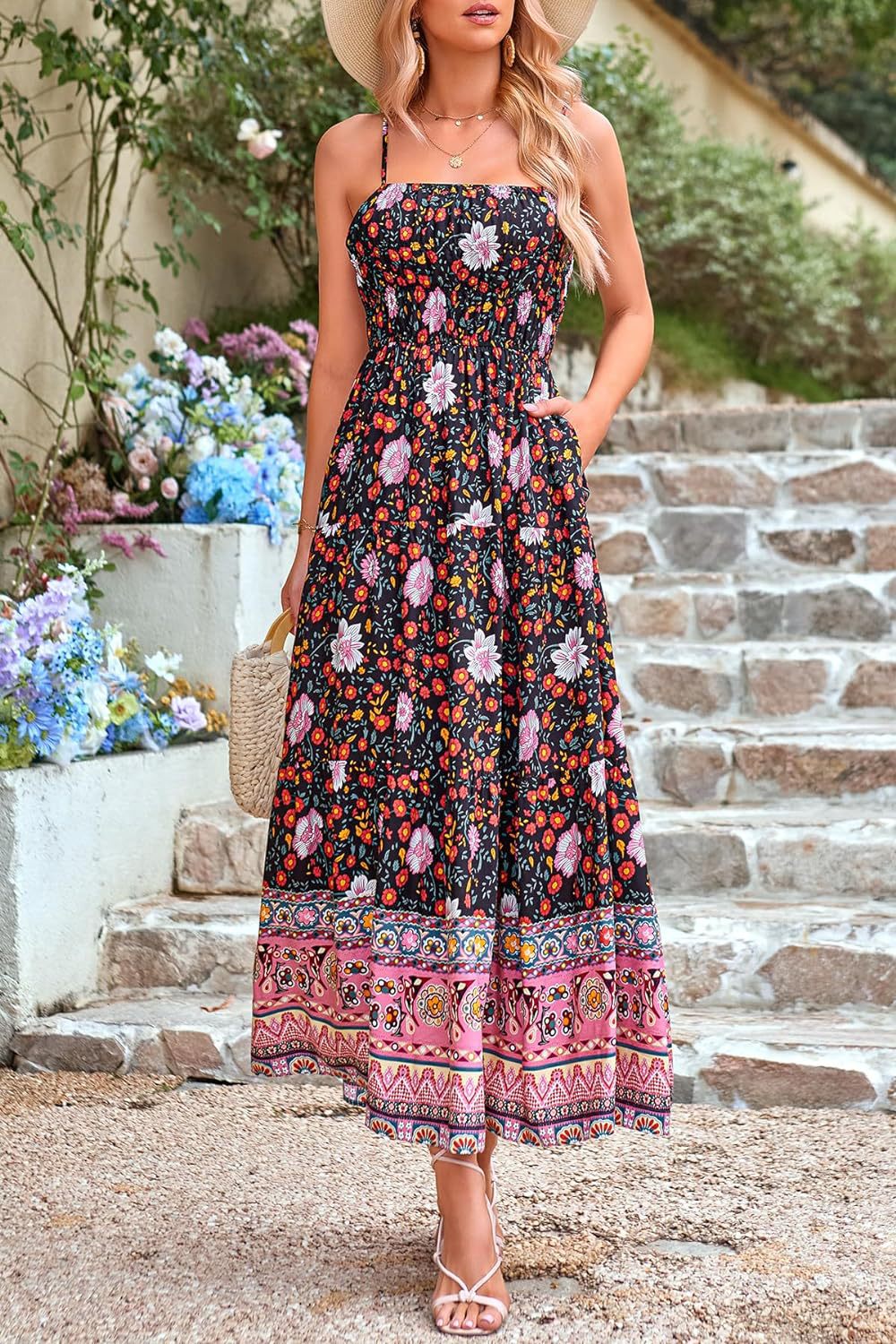 Black and red Retro Floral Bohemian dress with adjustable shoulder straps