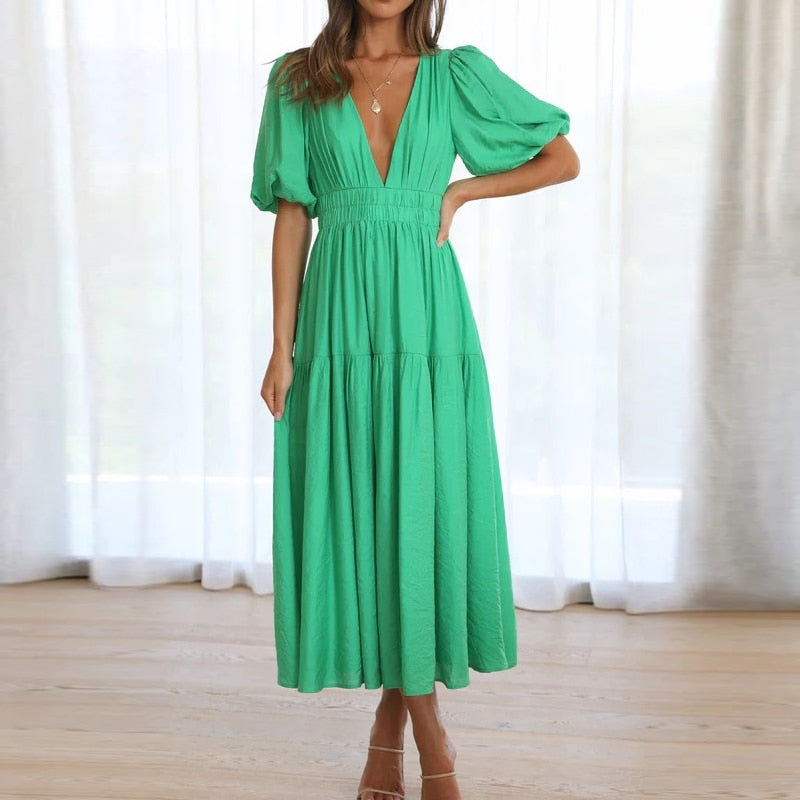 Women Casual Short Sleeve Deep V-neck Dress Ladies Loose High Waist Office Dress