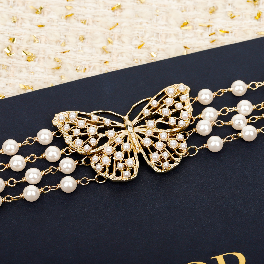 Dior 3-layer pearl hollow butterfly pearl necklace