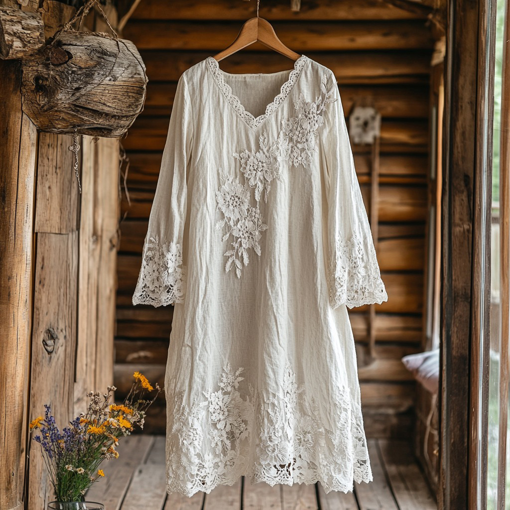 Retro Floral Embroidery Lace Art Linen Blend Maxi Dress