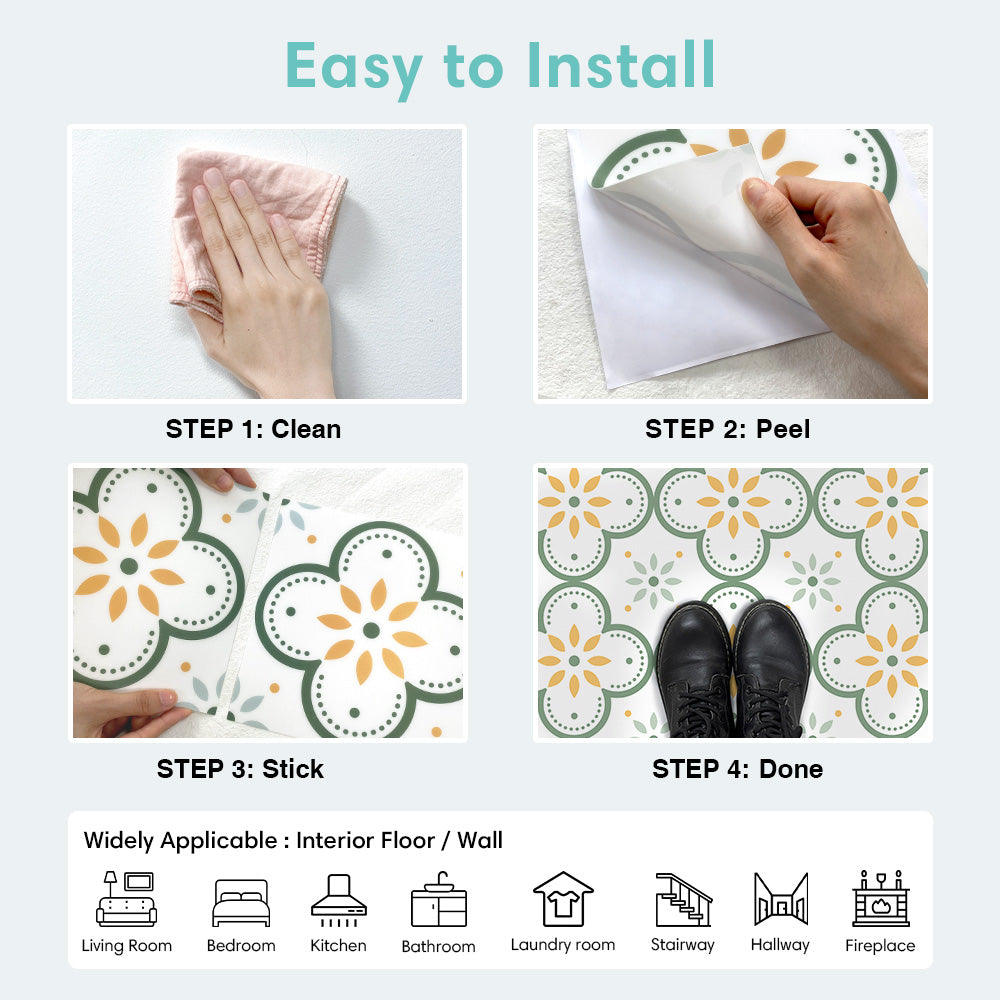 Green Flower Peel and Stick Vinyl Floor Tile Sticker