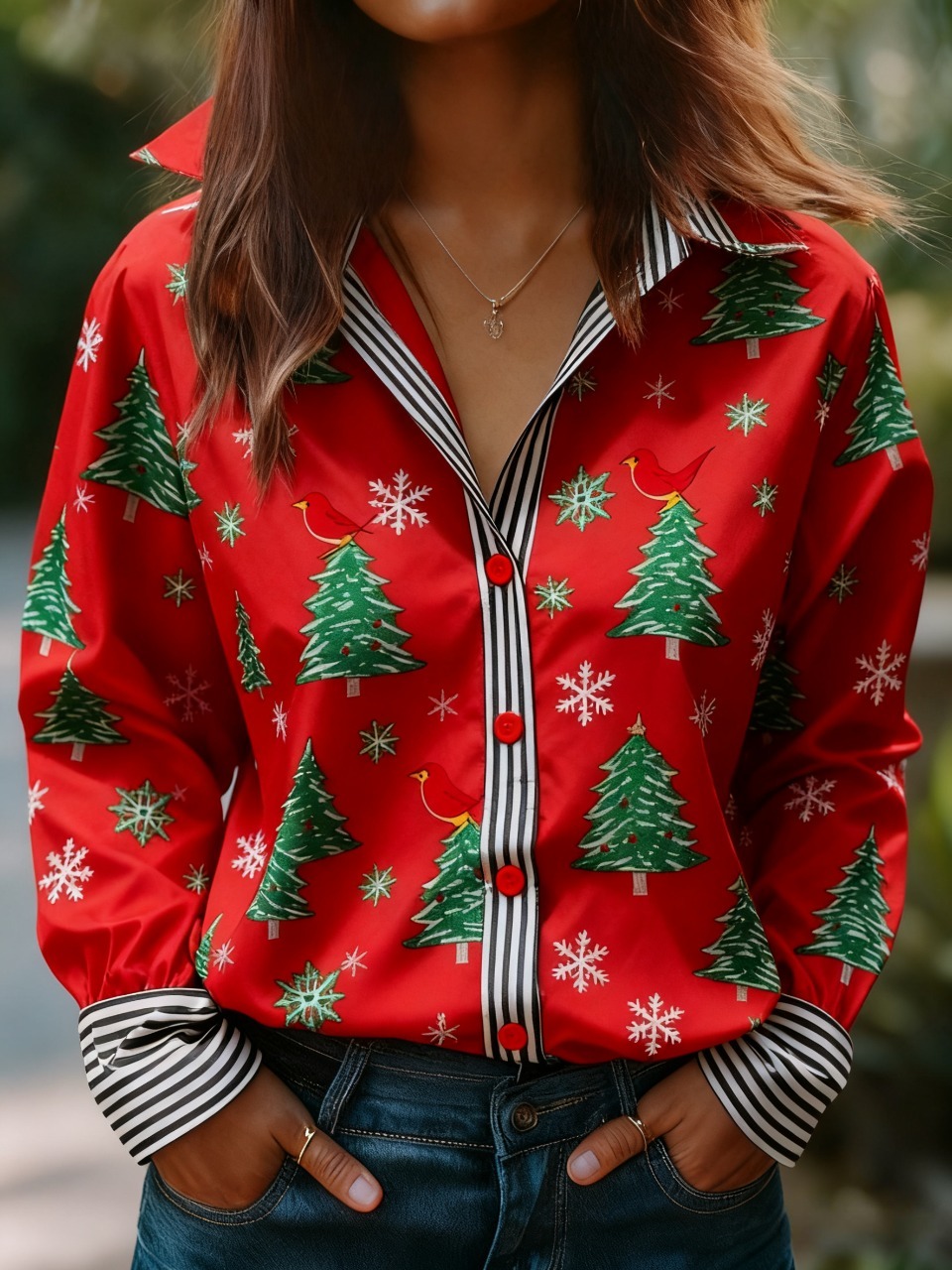 Christmas Tree Print Striped Collar Blouse