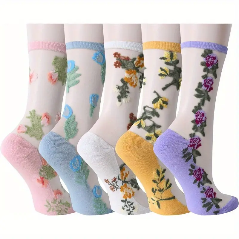 ( Last Day Promotions-50% OFF) 5pairs/Set Floral Embroidery Lace Ankle Socks--Size Fit ALL Ldies and Girls