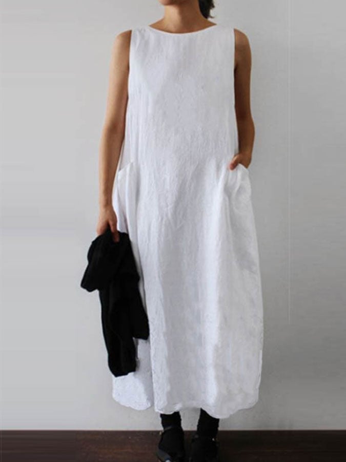 Solid Color Sleeveless Cotton And Linen Dress