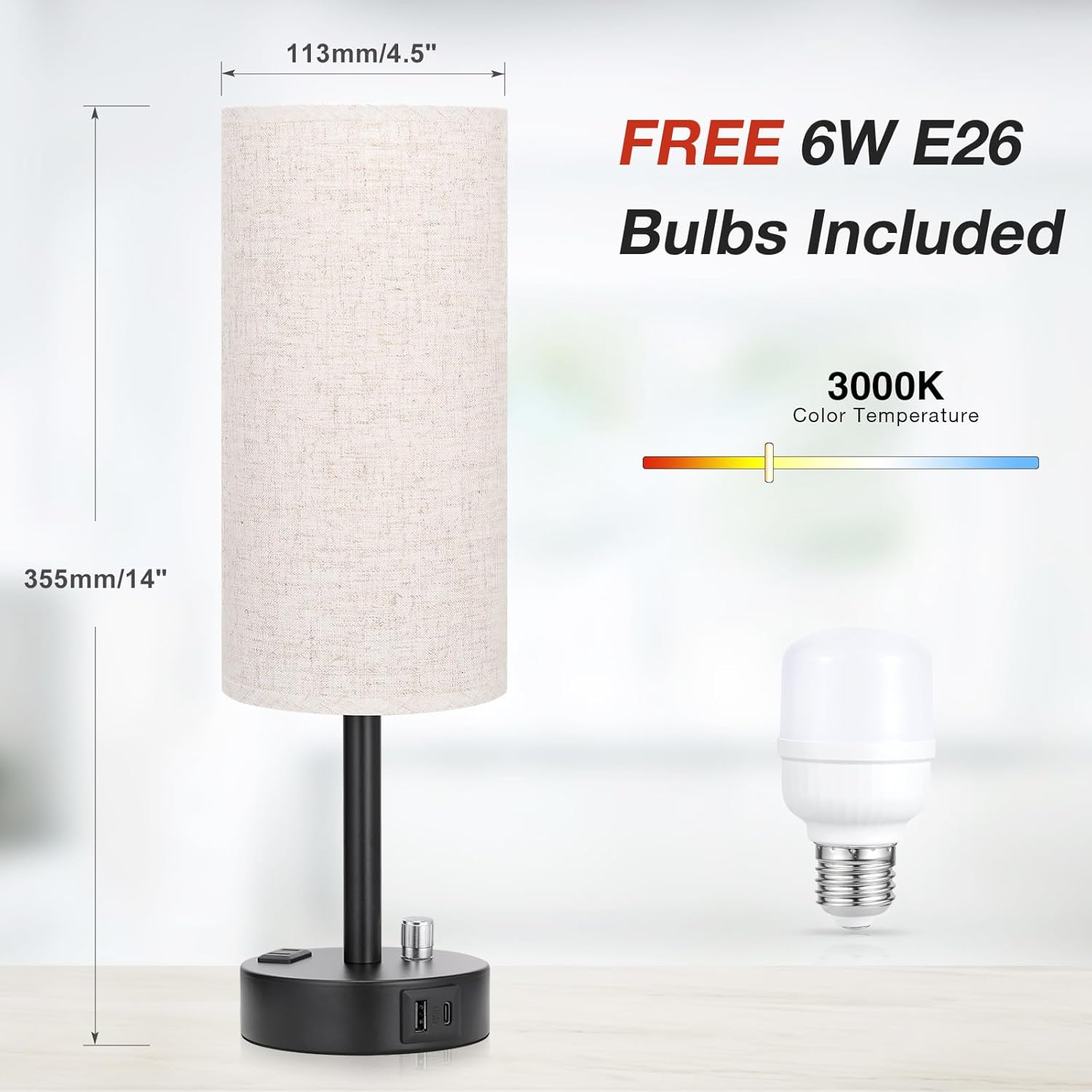 Bedside Table Lamp for Bedroom - 3 Way Dimmable Touch Lamp USB C Charging Ports and AC Outlet, Small Lamp Wood Base Round Flaxen Fabric Shade for Living Room, Desk, LED Bulb Included