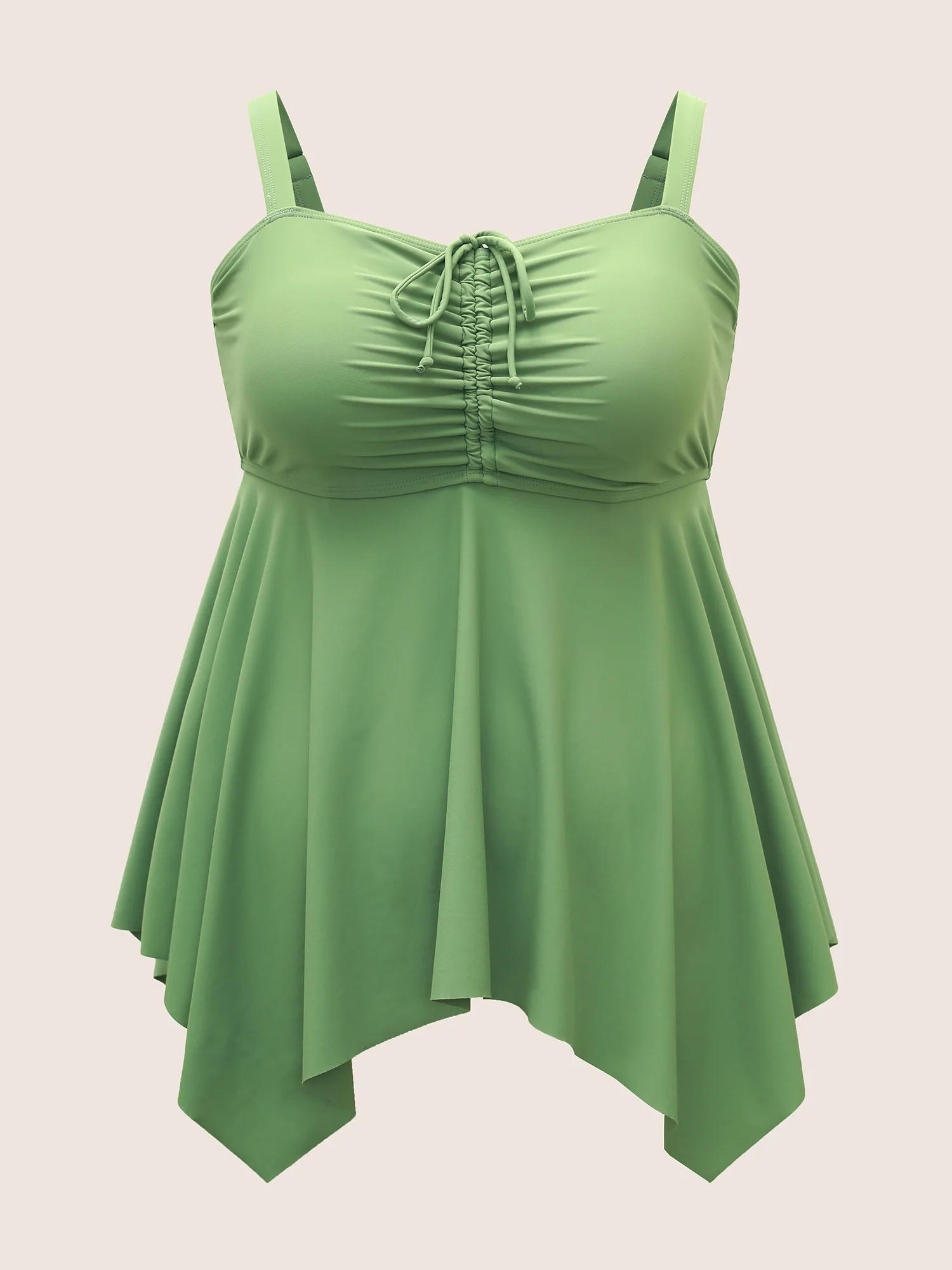 Plain Drawstring Ruched Adjustable Straps Swim Top