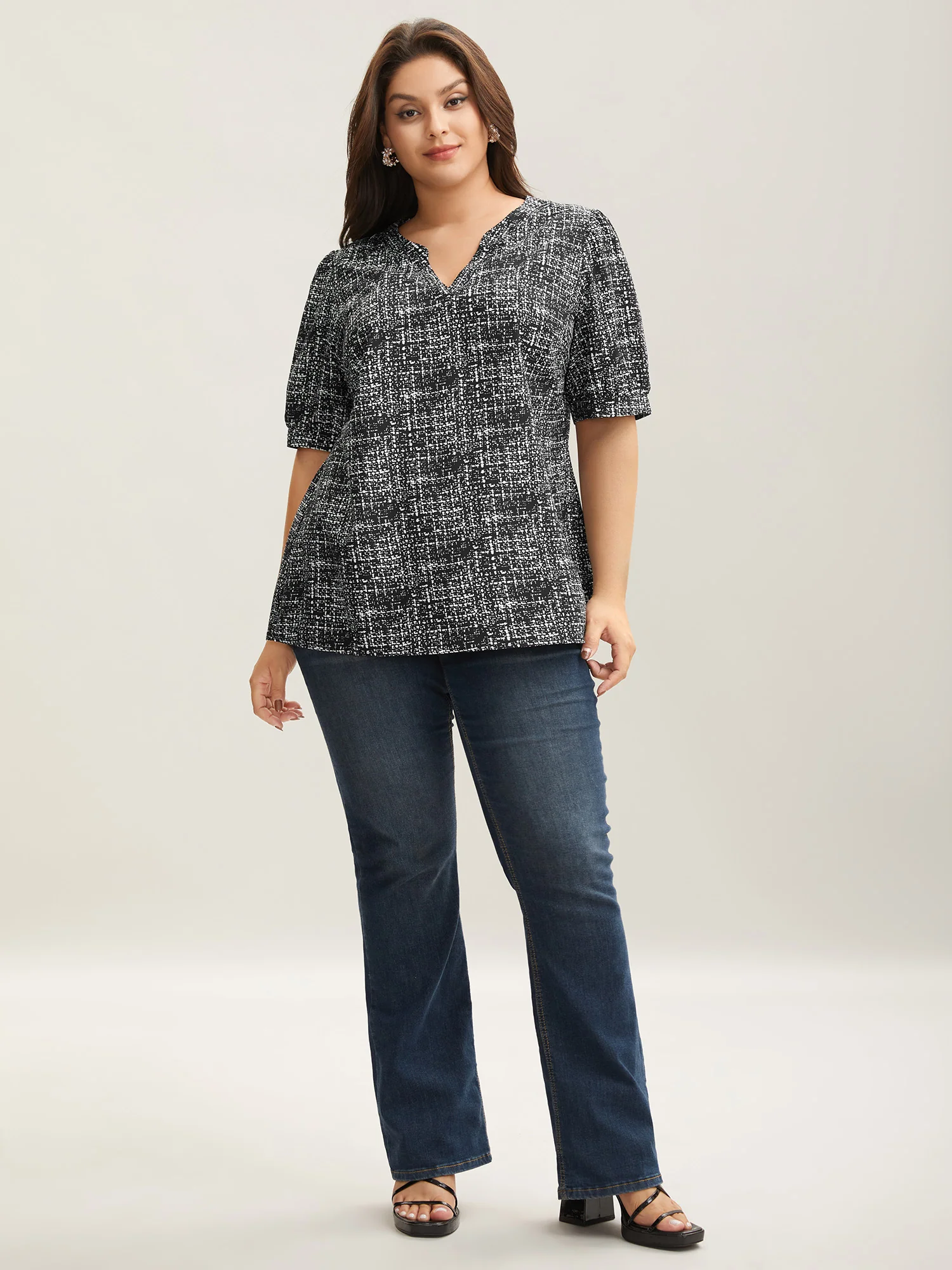 Geometric Print Puff Sleeve Blouse