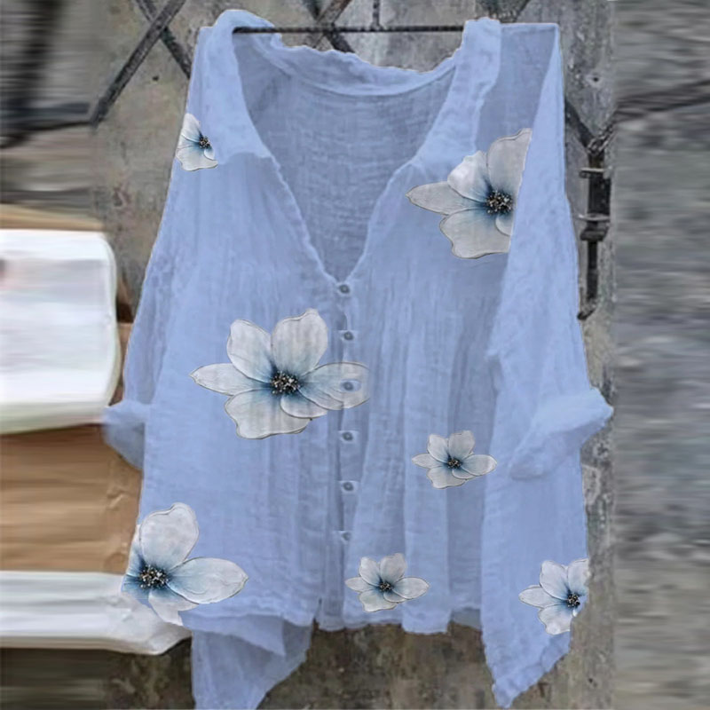 Long Sleeve Printed Cotton Linen Loose Shirt