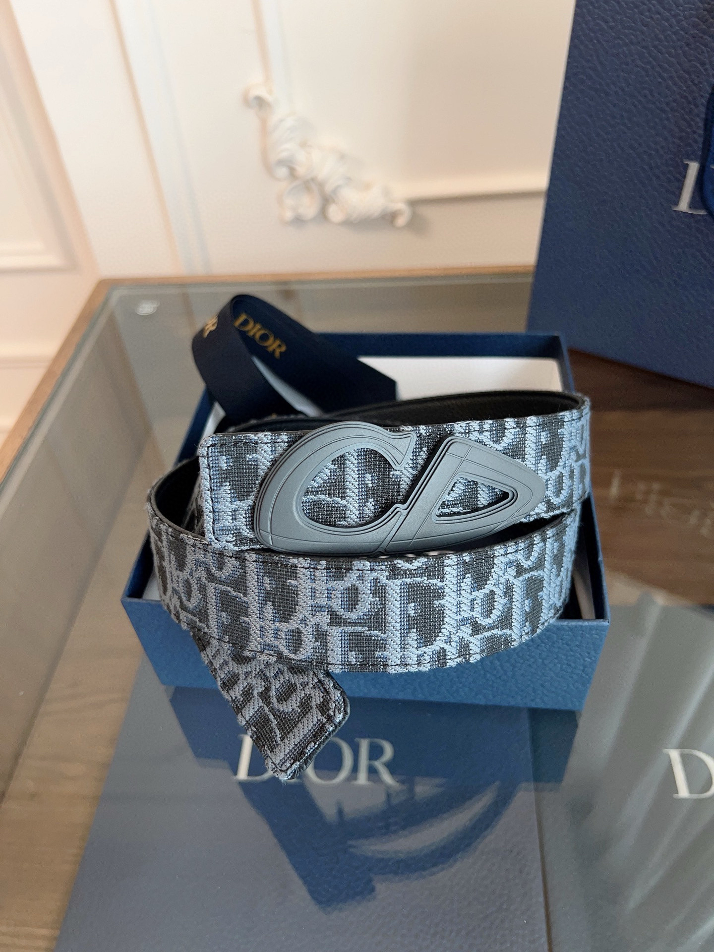 Dior Oblique light blue cloth and black cowhide leather belt width 3.5cm