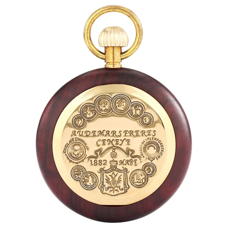 Antique Wooden Case Handwinding Mechanical Pocket Watch for Men Women Skeleton Clock Pendant Chain Roman Number Dial Hour Gift