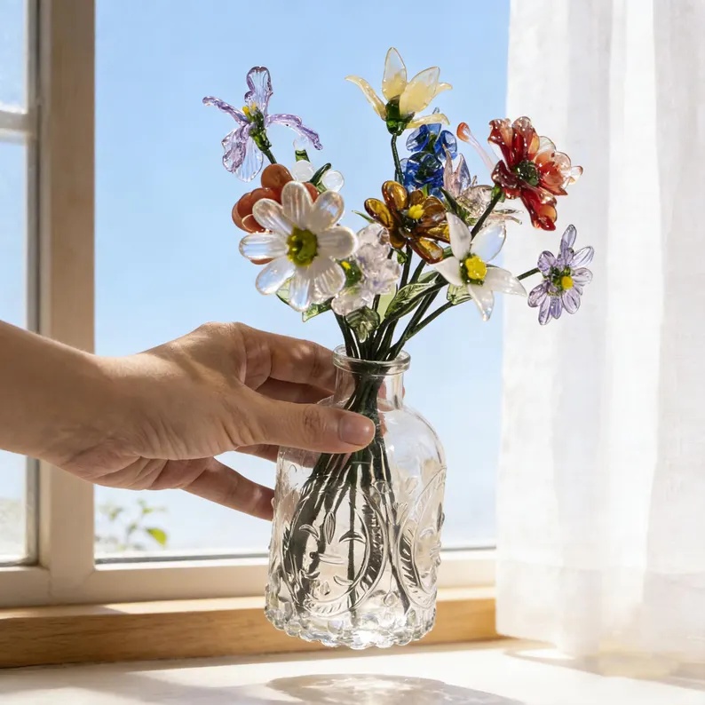 EverBloom Handcrafted Glass Flower Bouquet Vase Set