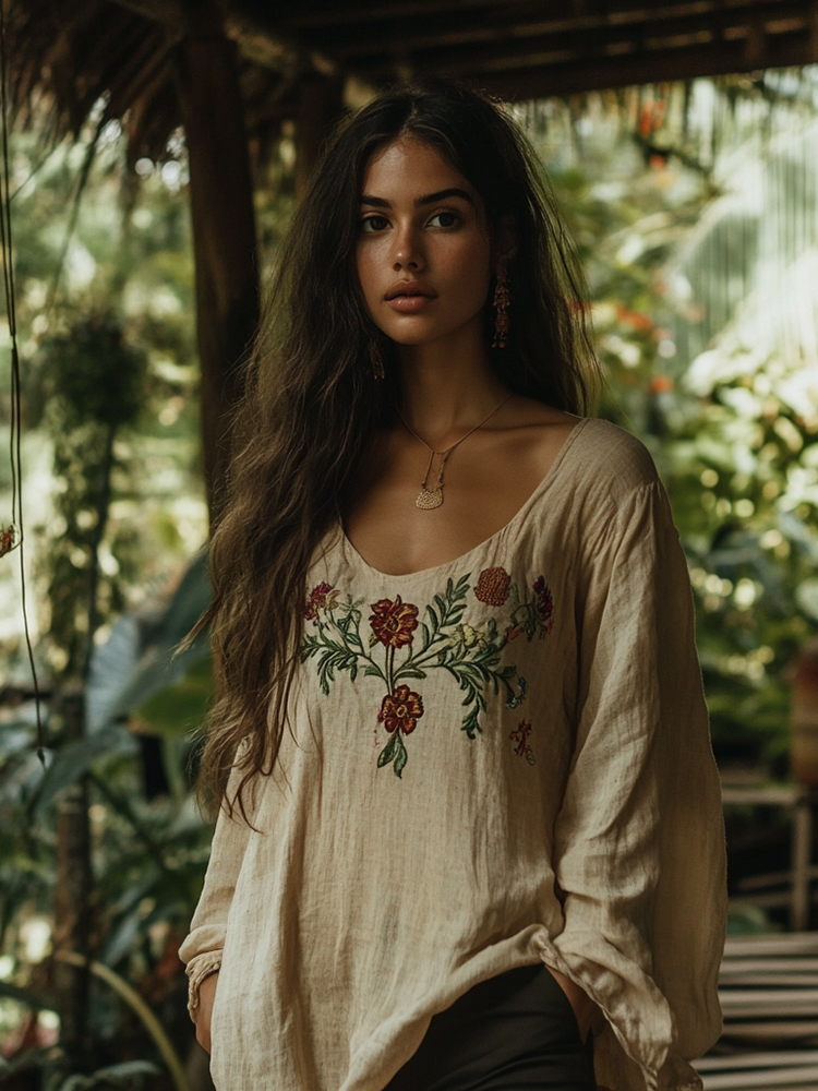 Vintage Bohemian Floral Embroidered Linen Crew Neck T-shirt