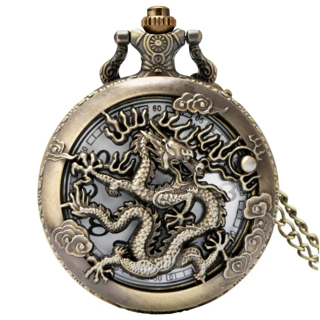 Bronze Hollow Out Chinese Twelve Zodiac Design Animal Quartz Pocket Watch for Men Women with Necklace Chain Gift reloj