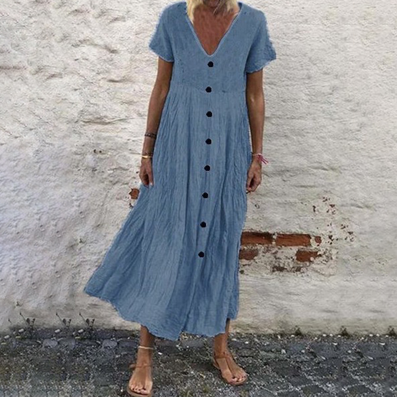 Solid Color Cotton Linen V-Neck Button Midi Dress