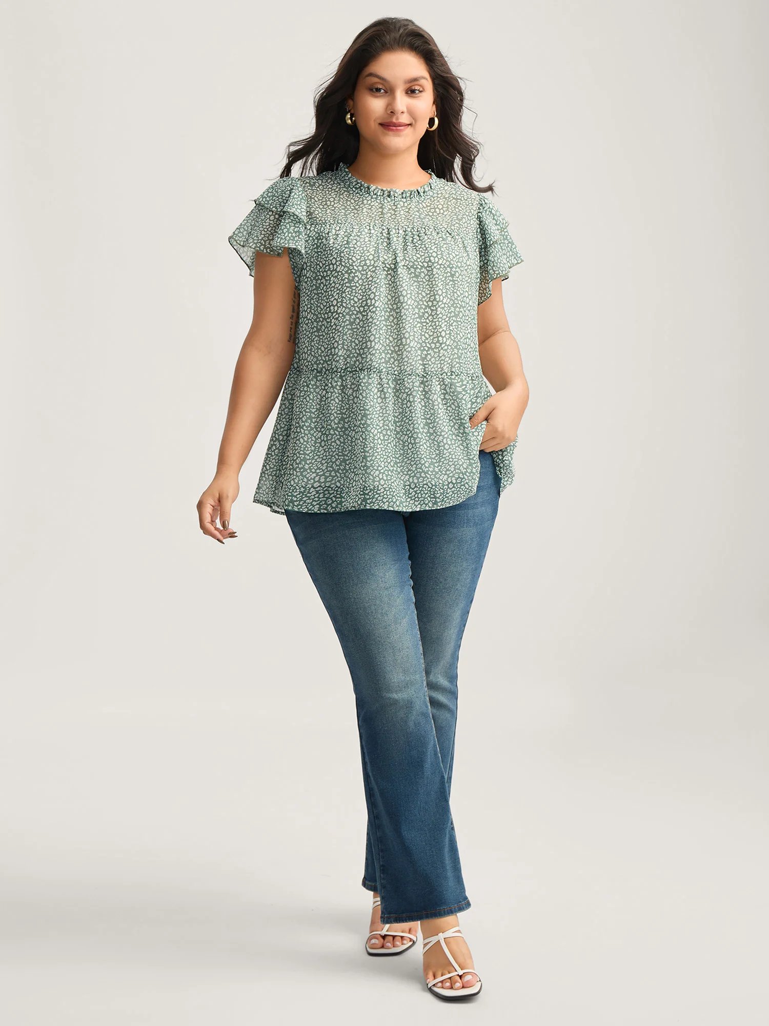 Leopard Print Stretchy Neck Flowy Blouse