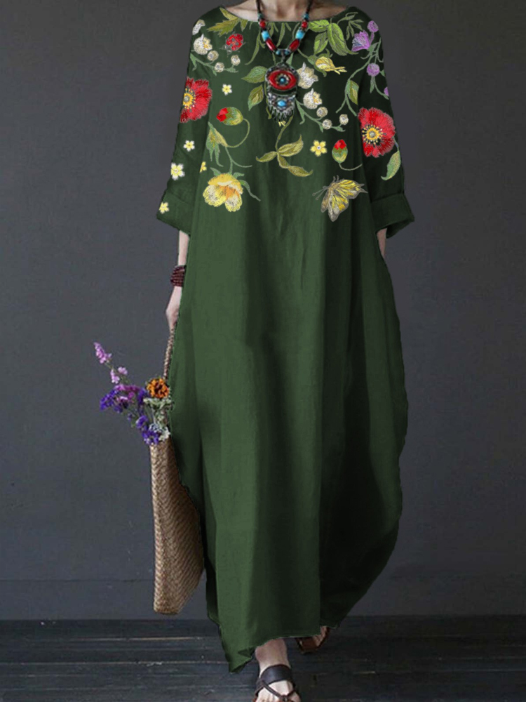 Elegant Retro Flower Art Seventh Sleeve Maxi Dress