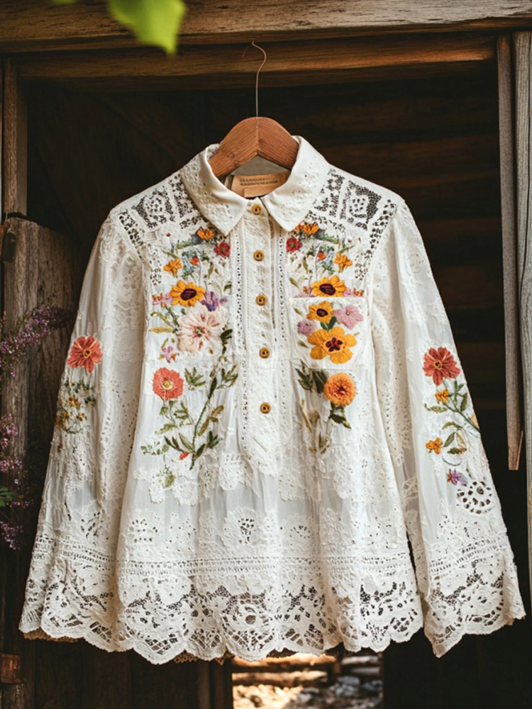 Elegant Lace Floral Embroidery Pocket Lapel Blouse