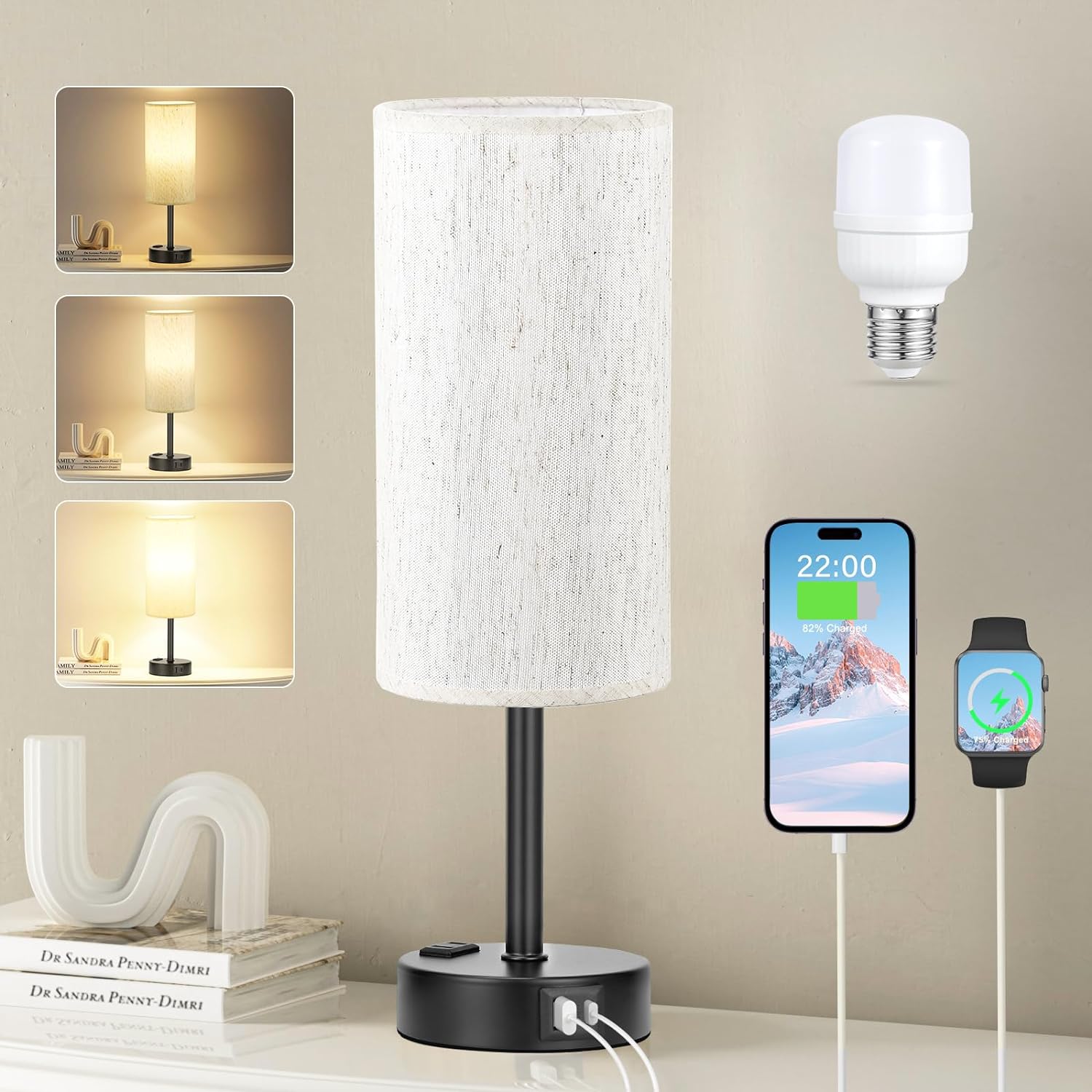 Bedside Table Lamp for Bedroom - 3 Way Dimmable Touch Lamp USB C Charging Ports and AC Outlet, Small Lamp Wood Base Round Flaxen Fabric Shade for Living Room, Desk, LED Bulb Included