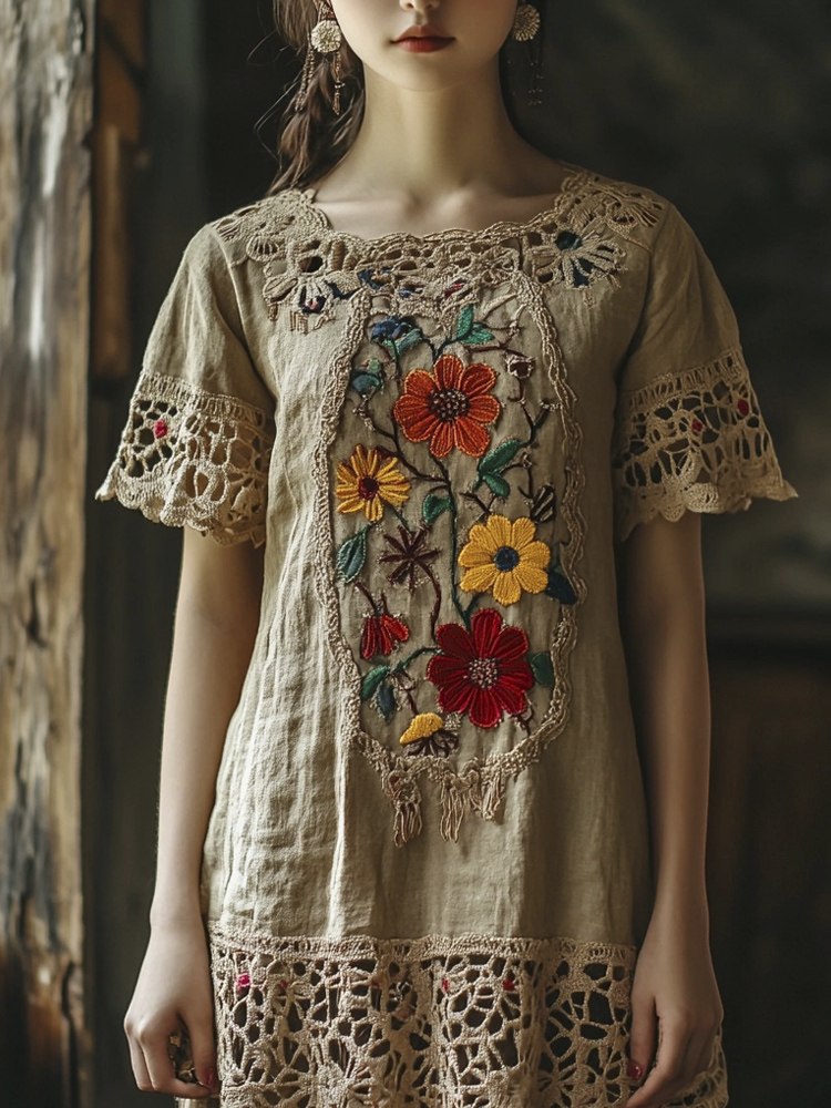 Vintage Lace Floral Embroidery Women's Linen Dress