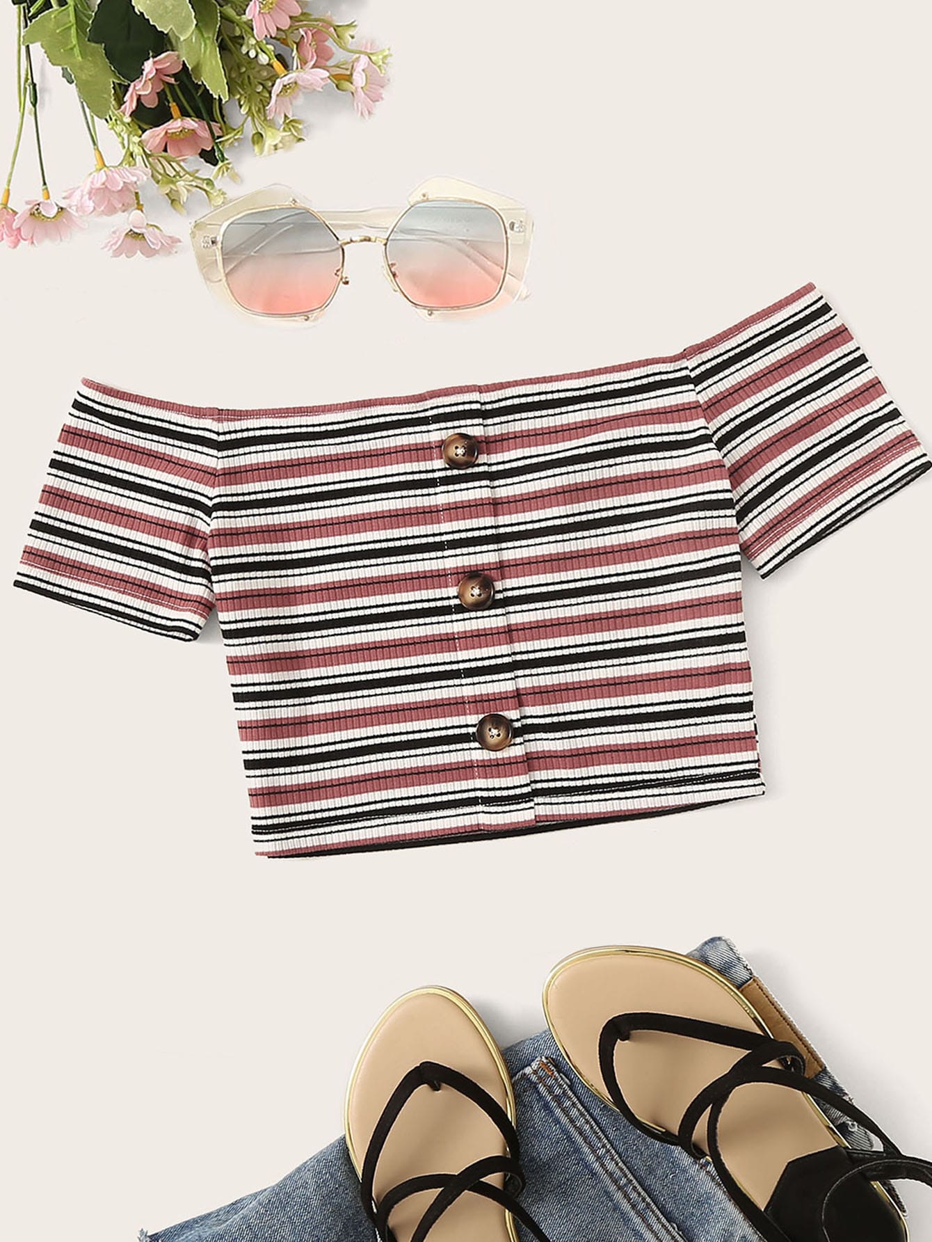SHEIN Button Front Rib-knit Striped Bardot Crop Tee