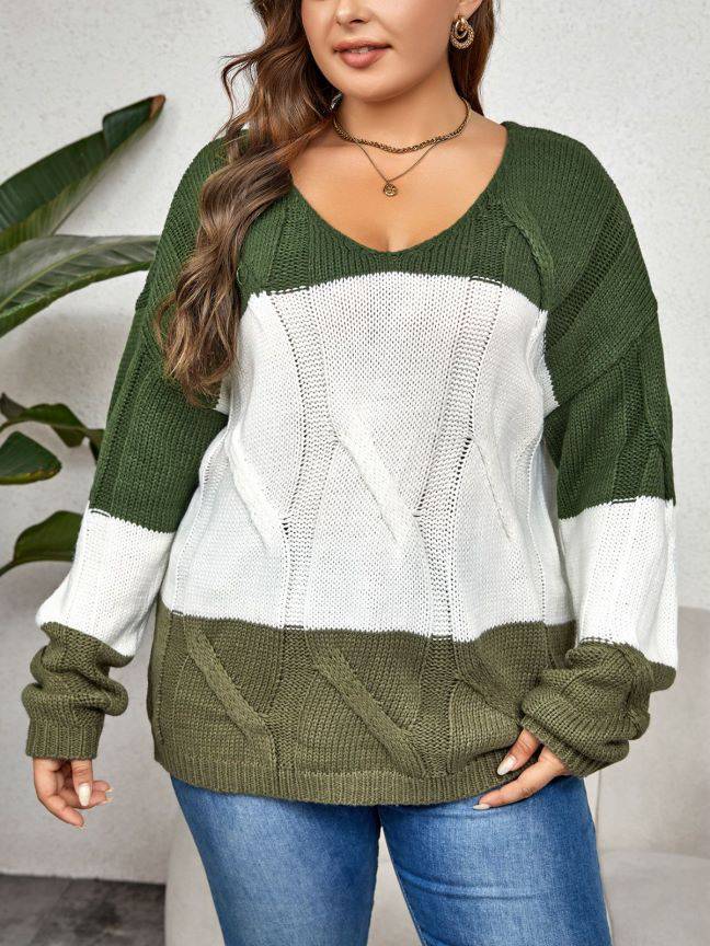 Plus Size Autumn Winter Color Block Crew Neck Comfortable Warm Sweater