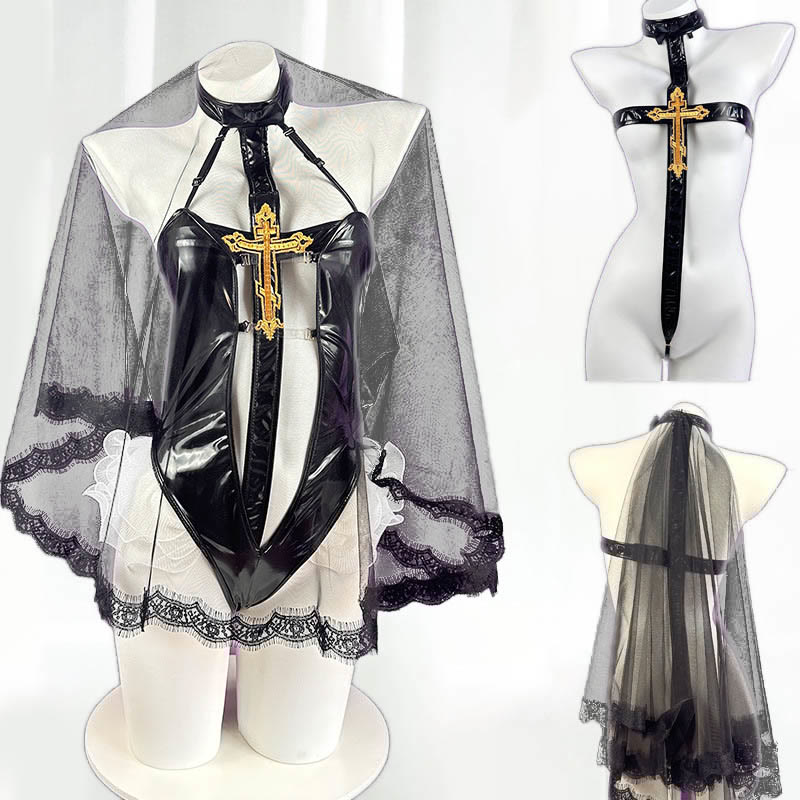 Sexy Cross Print Cosplay Nun Jumpsuit Lingerie