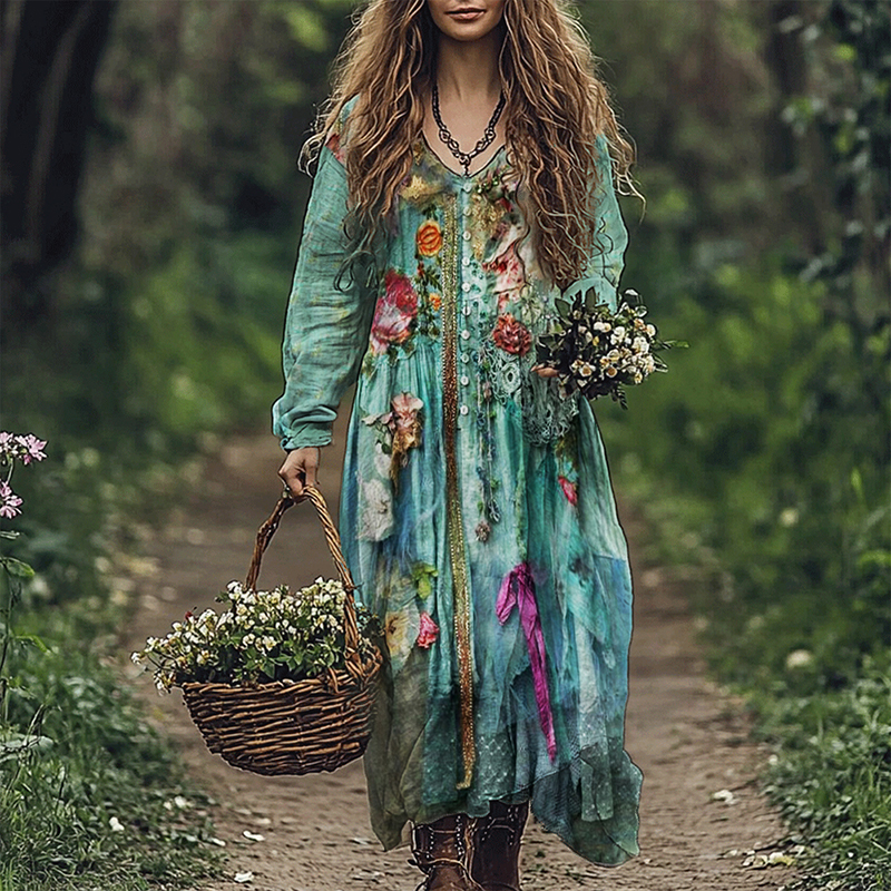 Vintage Boho Floral Textile Flowy Linen Blend Maxi Dress
