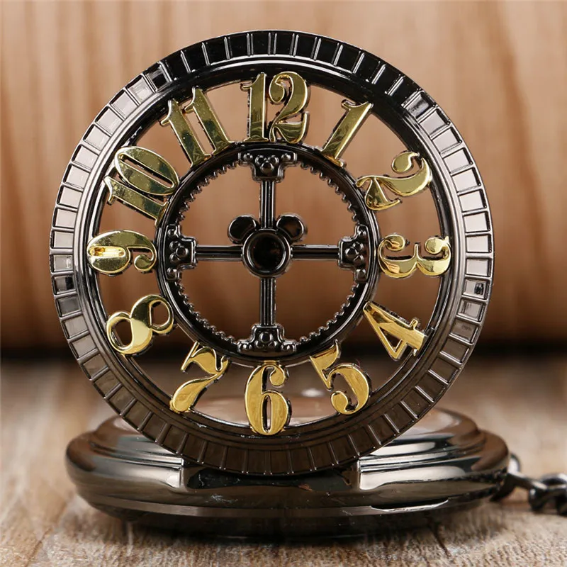 Antique Black Pocket Watch Skeleton Automatic Mechanical Watches for Men Women Arabic Number Half Hunter Clock Pendant Chain