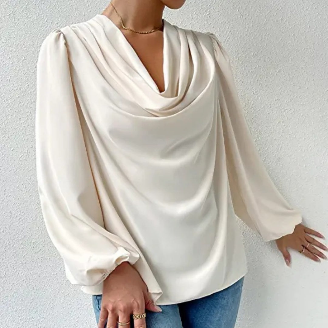 Summer Chiffon Draped V-neck Long-Sleeved Shirt, Loose Fit Top