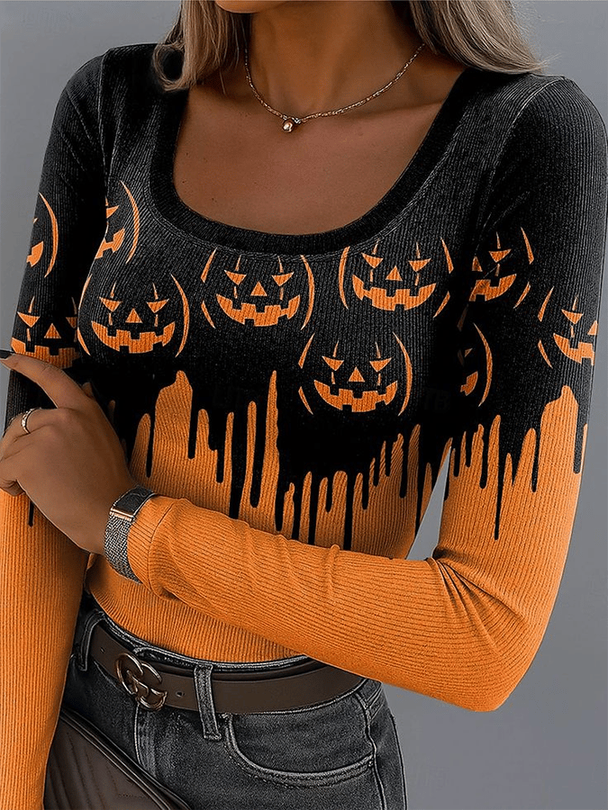 🔥Buy 3 Get 10% Off🔥Women's Halloween Design Retro Fashion Classic Long-Sleeved Square Neck Pit Strip Fabric Long-Sleeved T-Shirt