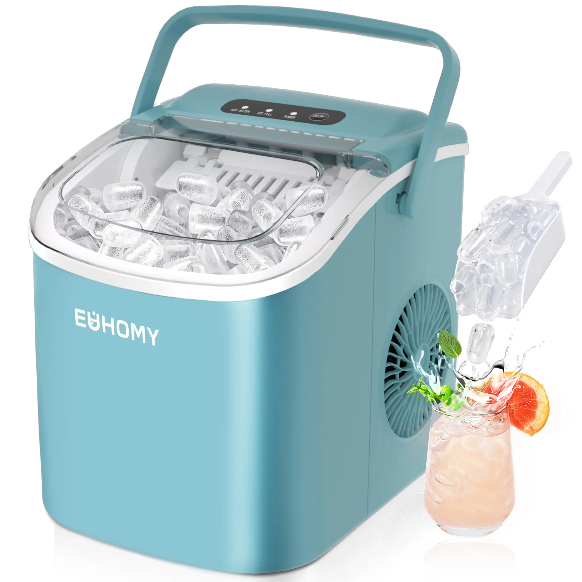 EUHOMY Ice Maker Countertop with Handle, 26lbs in 24Hrs, 9 Ice Cubes Ready in 6 Mins, Auto-Cleaning Portable Ice Maker with Basket and Scoop, for Home/Kitchen/Camping/RV. (2026 New Silver) Utensils