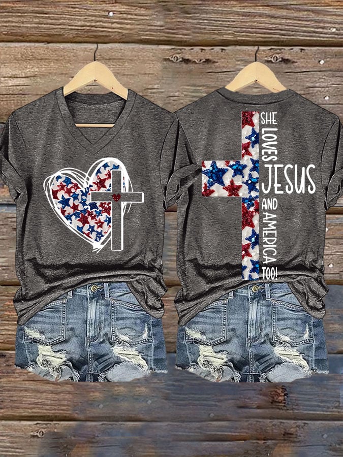 Women's She Jesus And Love America Too!  Print V-Neck T-Shirt