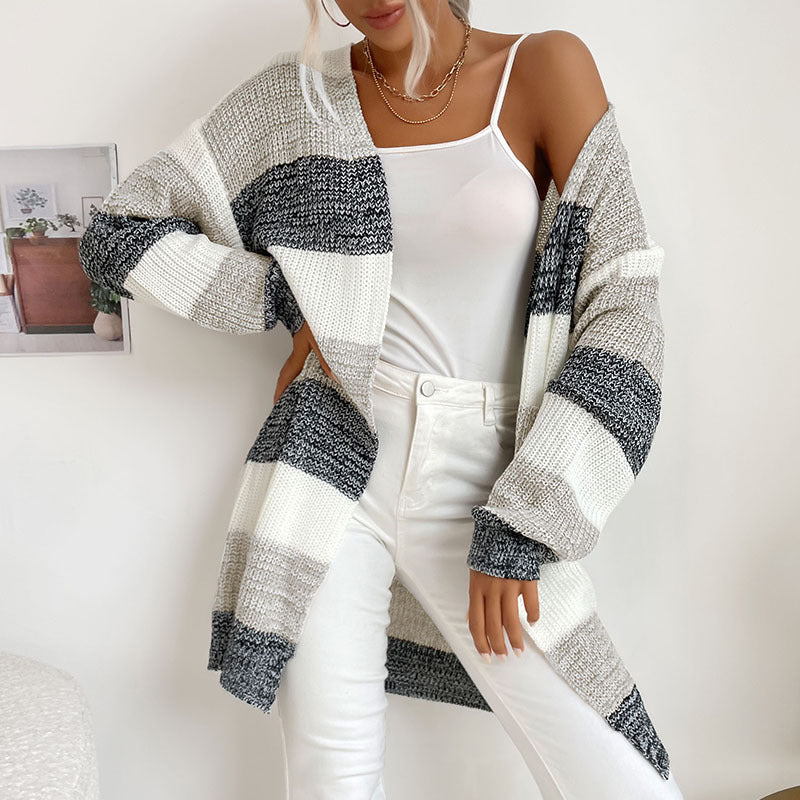 Graceful and Fashionable Women's Colorblock Sweater Coat without Buttons
