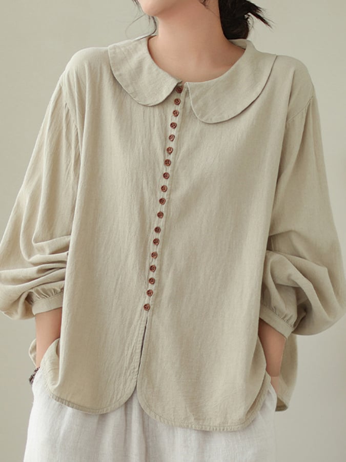Women's Cotton Art Loose Button-Up Peter Pan Collar Long Sleeve Shirt