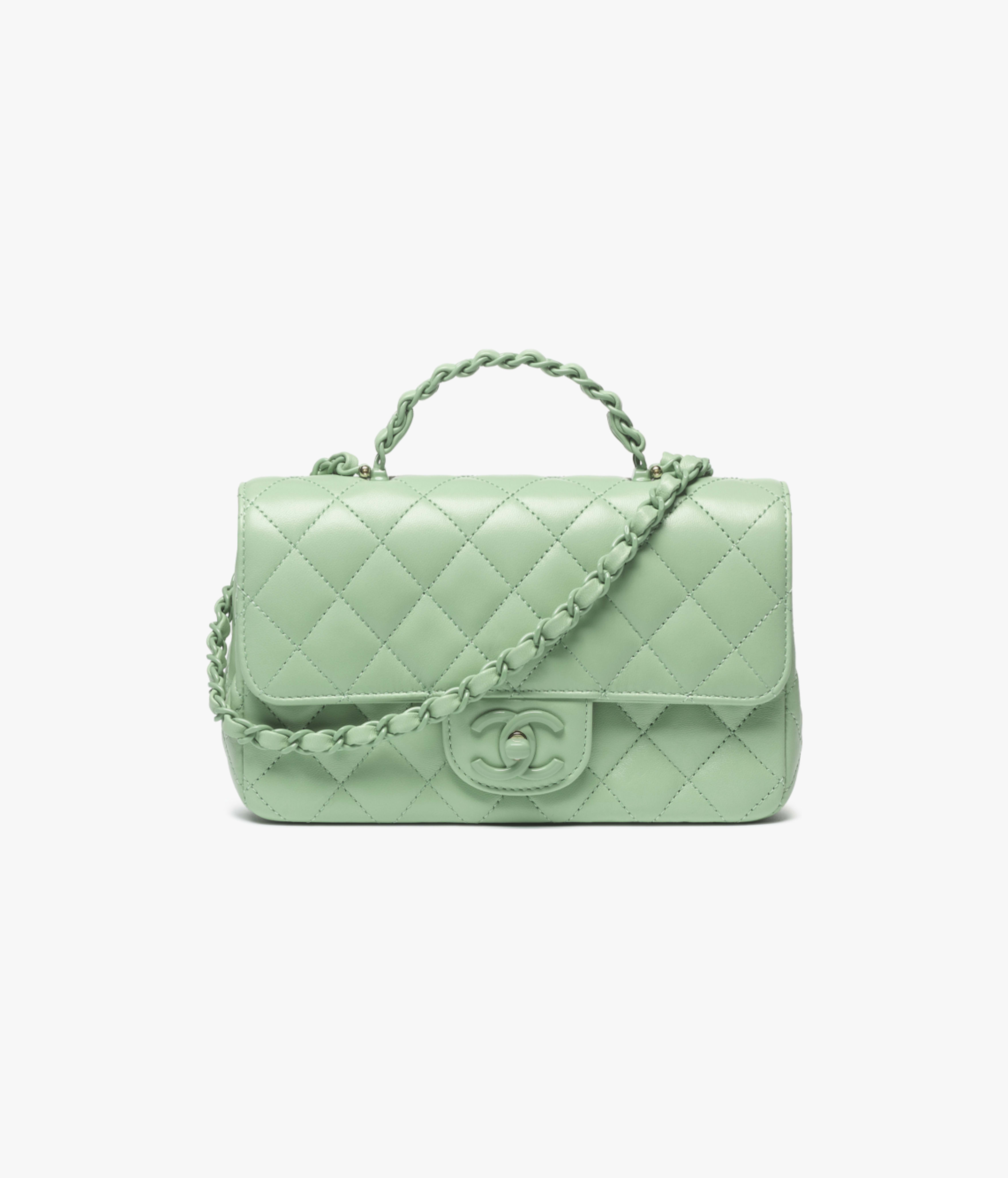 Chanel Mini Flap Bag with Top Handle Lambskin & Lacquered Metal Light Green AS5243-B18687-NM369