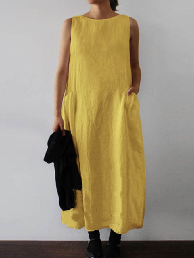 Solid Color Sleeveless Cotton And Linen Dress