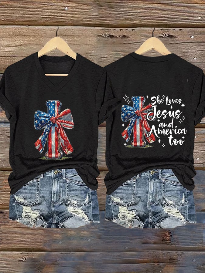 Women's She Loves Jesus And America Too Print V-Neck T-Shirt