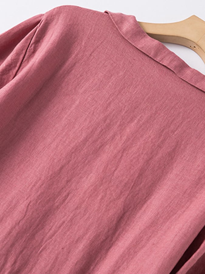 Women's Solid Color Short-Sleeved Shirt Collar Artistic Retro Cotton And Linen Casual Dress