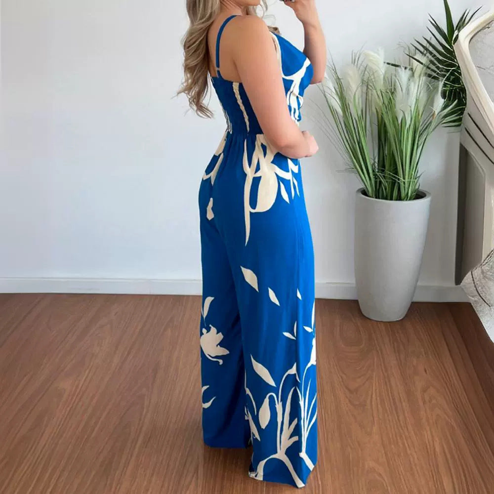 Wide-Leg Jumpsuit for Women Printed Suspender Waist