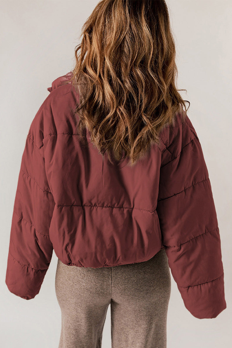 Casual All Matching Solid Color Warm Keeping Cotton Padded Coat Women Winter Stand Collar Thick Zipper Jacket Women