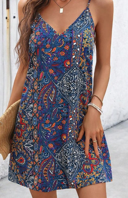 Bohemian V-Neck Spaghetti Strap Backless A-Line Dress with Prints