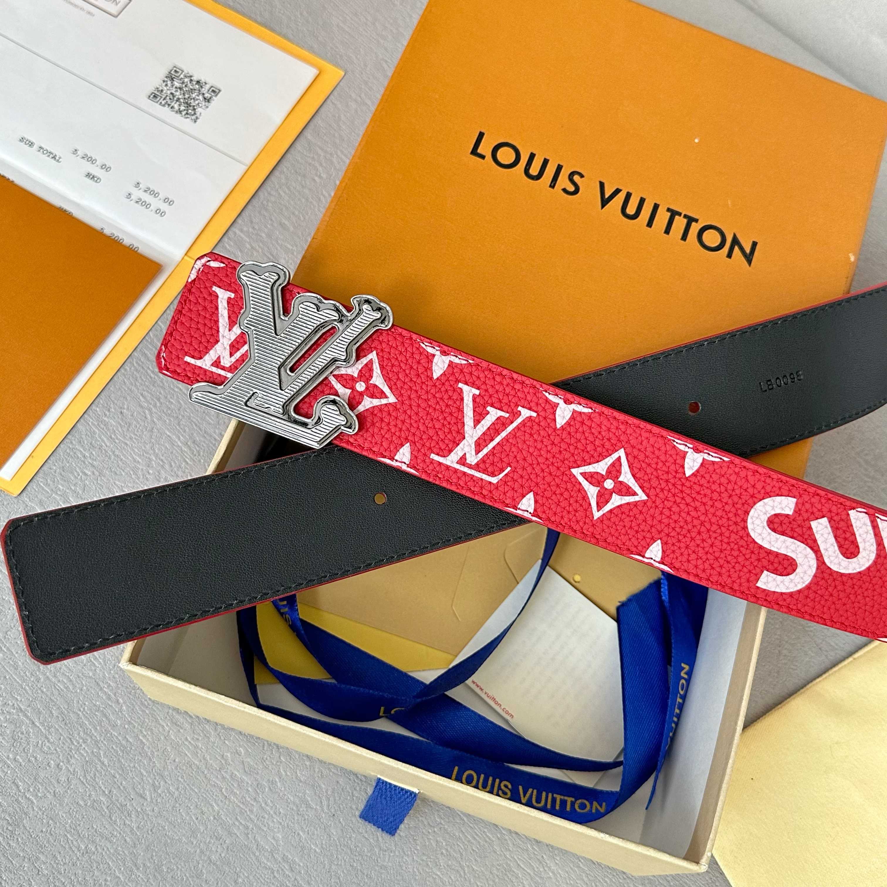 Louis Vuitton Litchi Pattern Double-Sided Cowhide Leather Belt 4CM Width