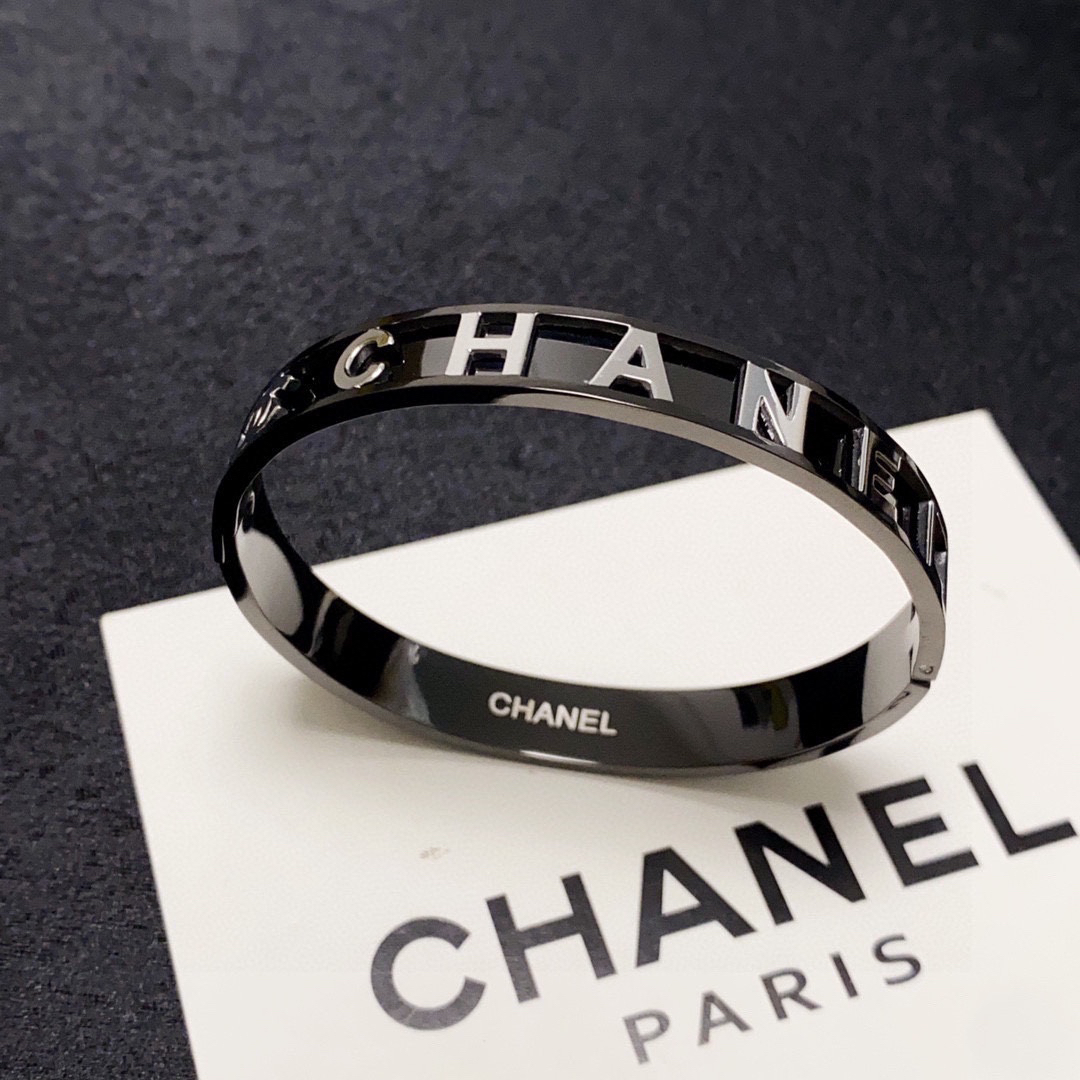Chanel engraved letter charcoal black bracelet